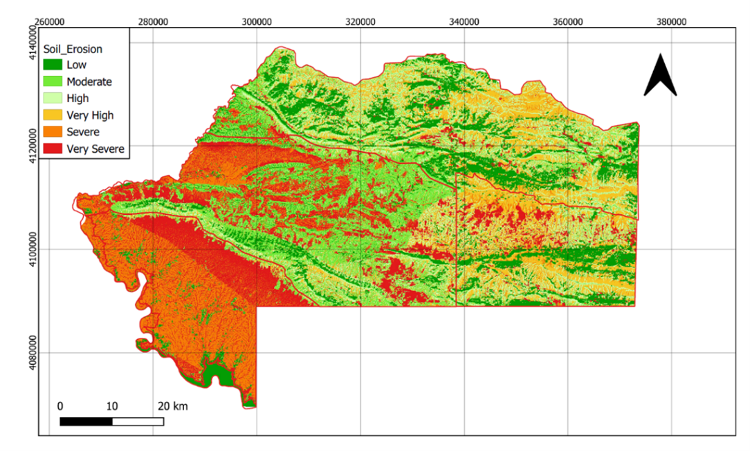 RUSLE map of erosion with breaks calculated by quantiles (WGS84, UTM38N).