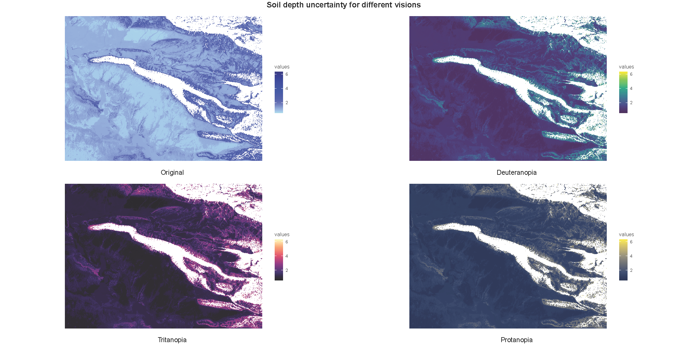 Soil depth prediction uncertainty map adapted for colorblind